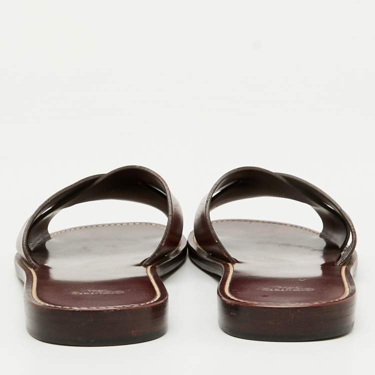 Pre Owned Celine Burgundy Leather Flat Slide Sandals Size 40