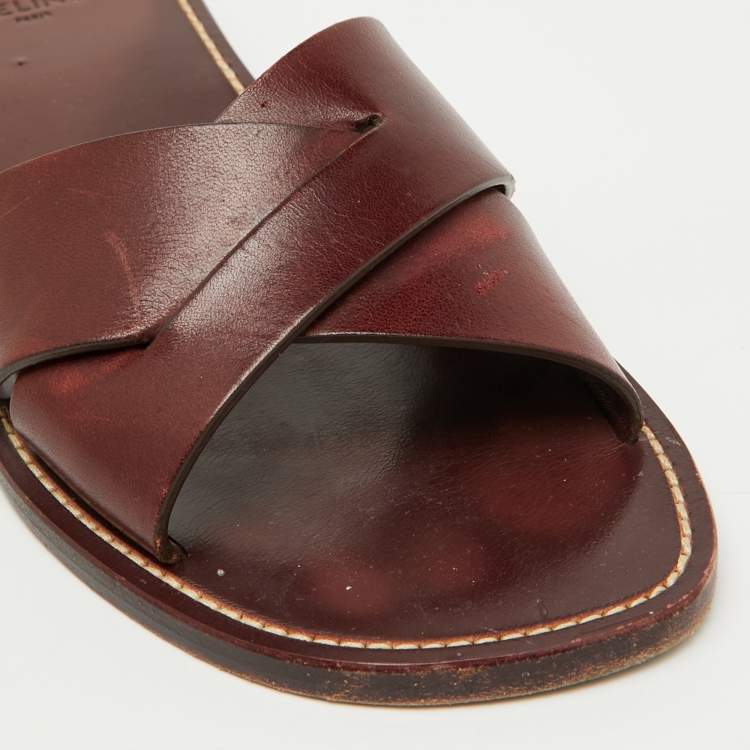 Pre Owned Celine Burgundy Leather Flat Slide Sandals Size 40
