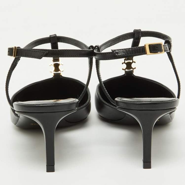 Pre Owned Celine Black Leather Pointed Toe T-Bar Strap Pumps Size 38