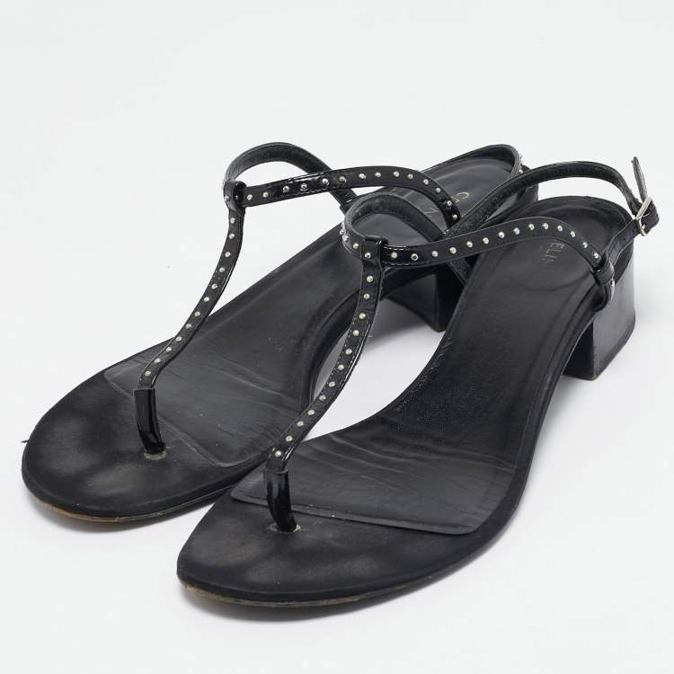Pre Owned Celine Black Leather Studded T-Strap Sandals Size 39.5