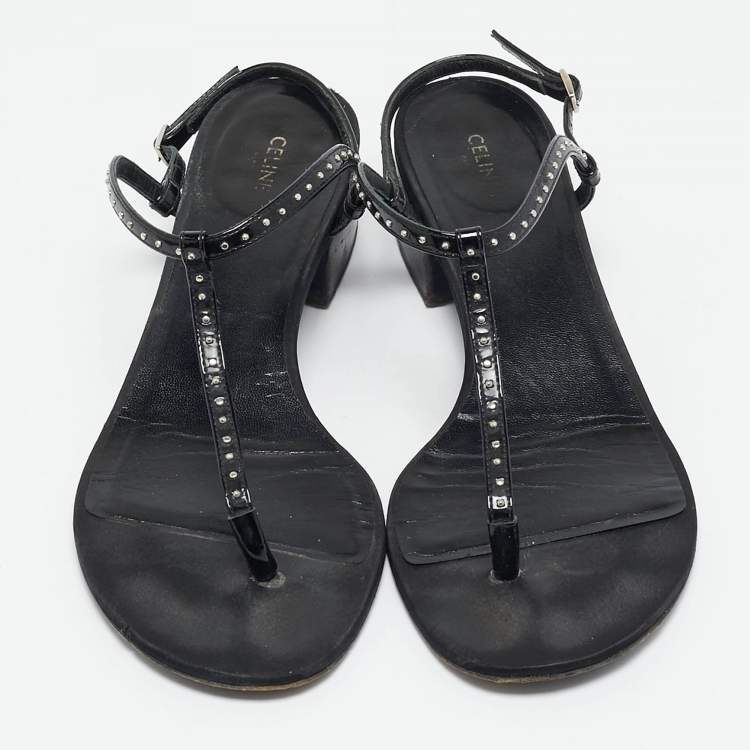 Pre Owned Celine Black Leather Studded T-Strap Sandals Size 39.5