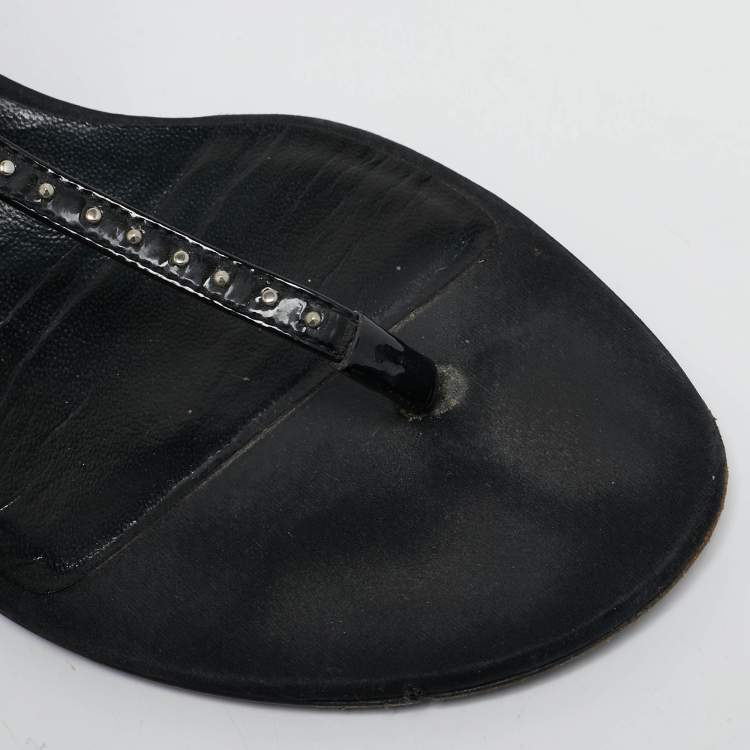 Pre Owned Celine Black Leather Studded T-Strap Sandals Size 39.5