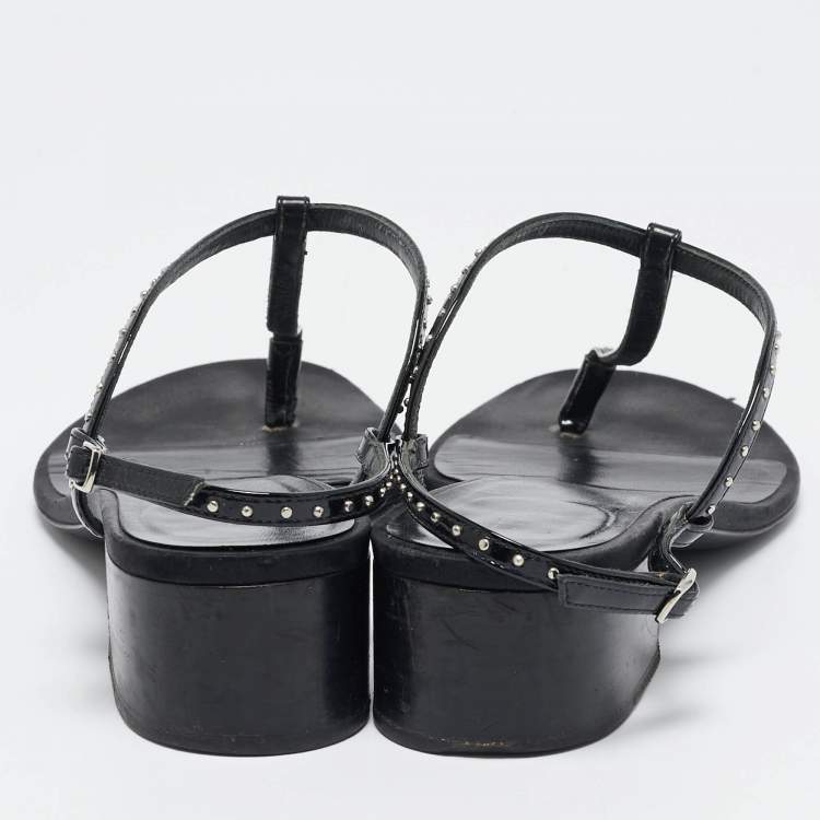 Pre Owned Celine Black Leather Studded T-Strap Sandals Size 39.5