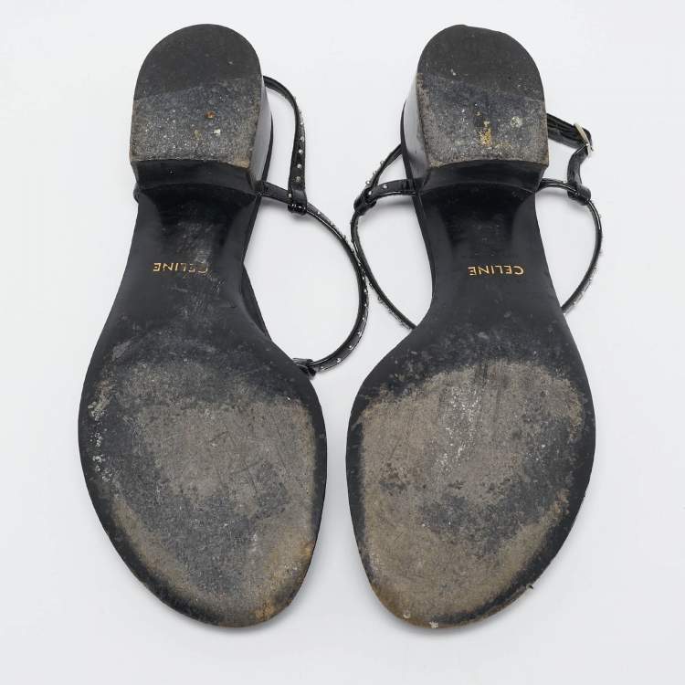Pre Owned Celine Black Leather Studded T-Strap Sandals Size 39.5