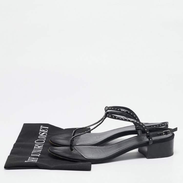 Pre Owned Celine Black Leather Studded T-Strap Sandals Size 39.5