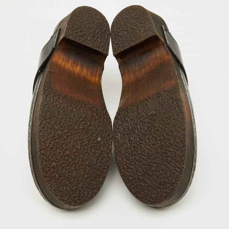 Pre Owned Celine Black Leather Chain Logo Detail Platform Clogs Size 39