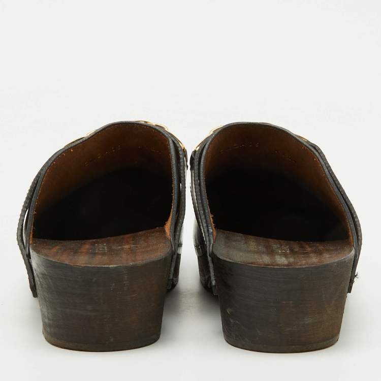 Pre Owned Celine Black Leather Chain Logo Detail Platform Clogs Size 39