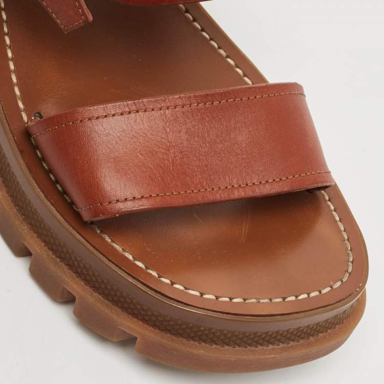 Pre Owned Celine Brown Leather Clea Triomphe Flat Sandals Size 37