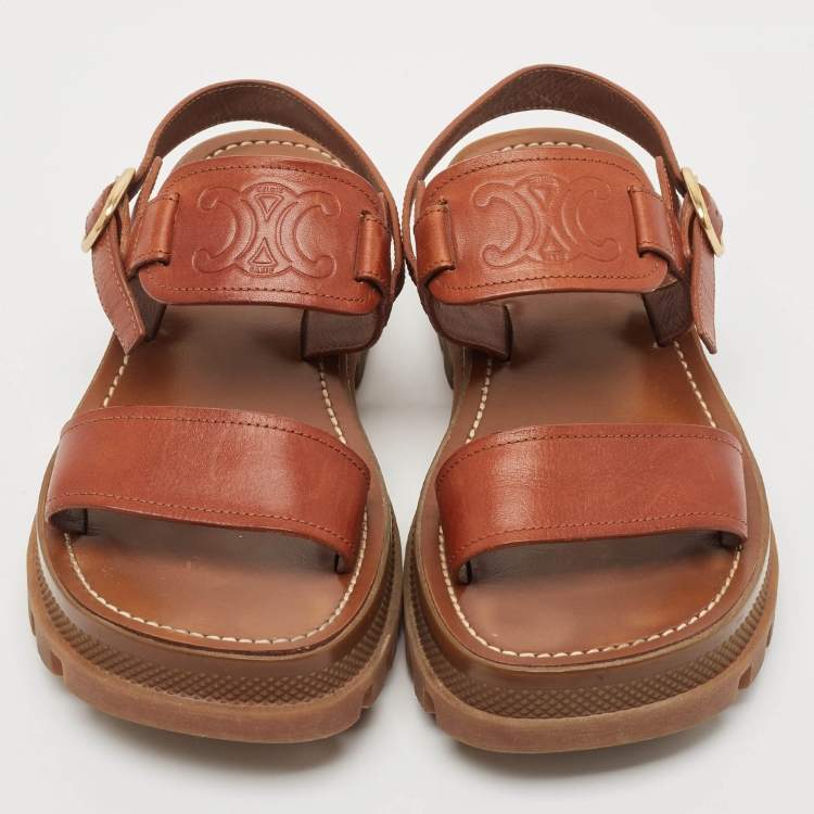 Pre Owned Celine Brown Leather Clea Triomphe Flat Sandals Size 37