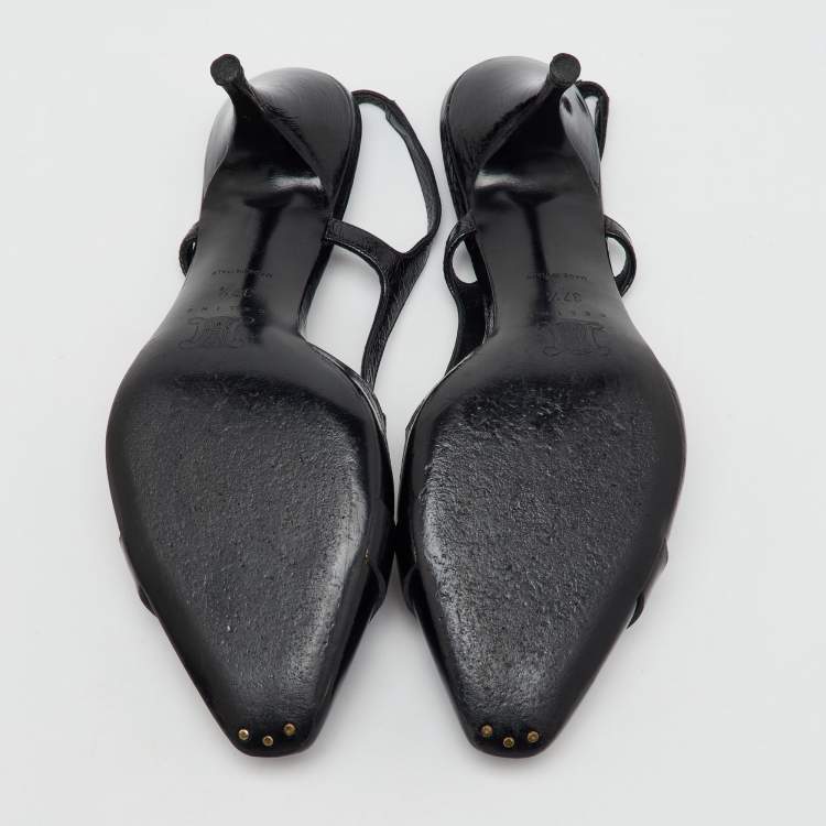 Pre Owned Celine Black Leather Logo Slingback Pumps Size 37.5