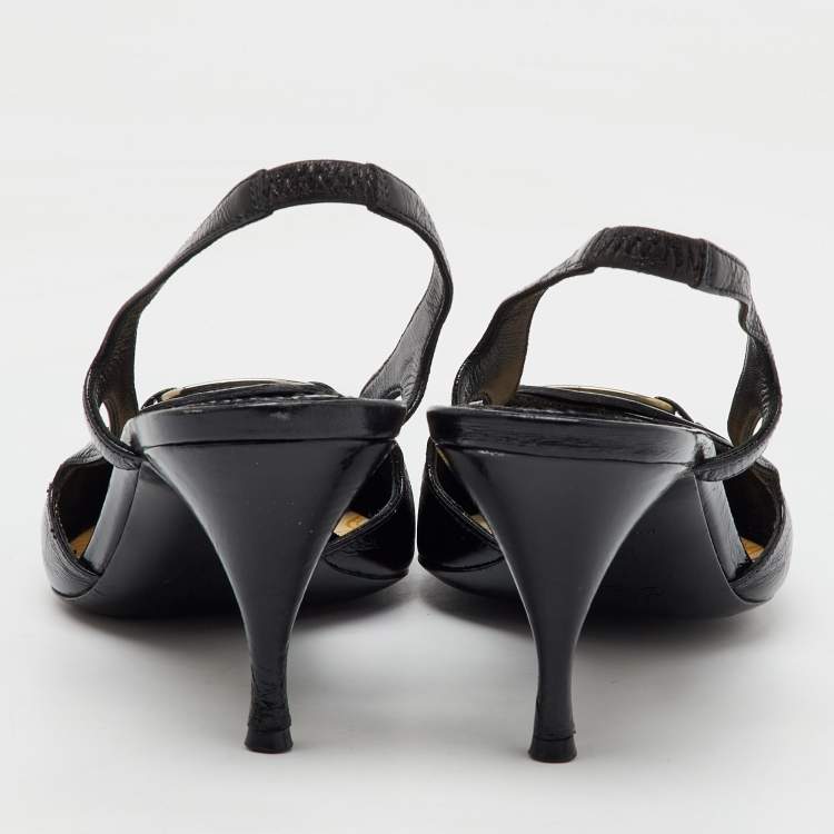 Pre Owned Celine Black Leather Logo Slingback Pumps Size 37.5
