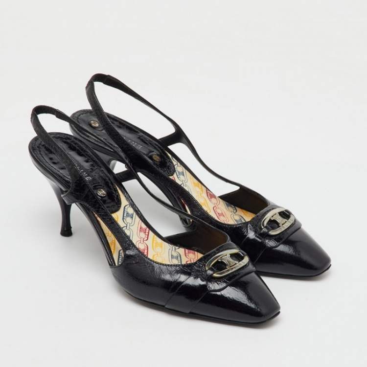 Pre Owned Celine Black Leather Logo Slingback Pumps Size 37.5