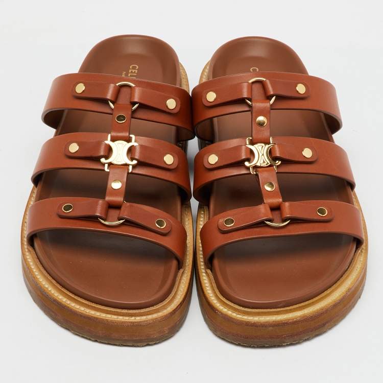 Pre Owned Celine Brown Leather Studded Tippi Slide Sandals Size 39