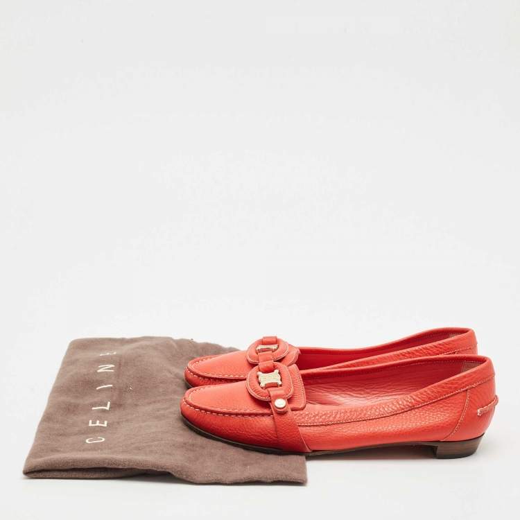 Pre Owned Celine Orange Leather Logo Loafer Ballet Flats Size 39