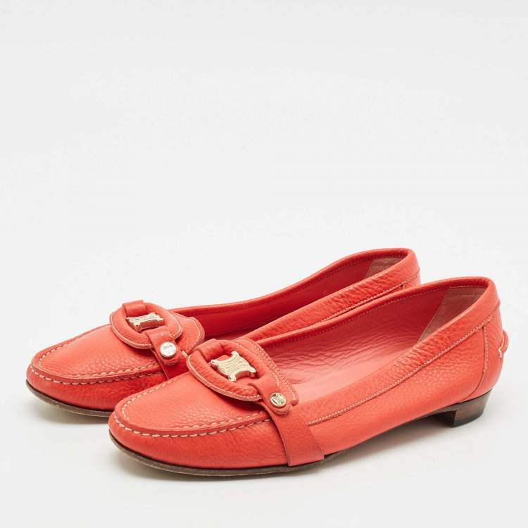 Pre Owned Celine Orange Leather Logo Loafer Ballet Flats Size 39