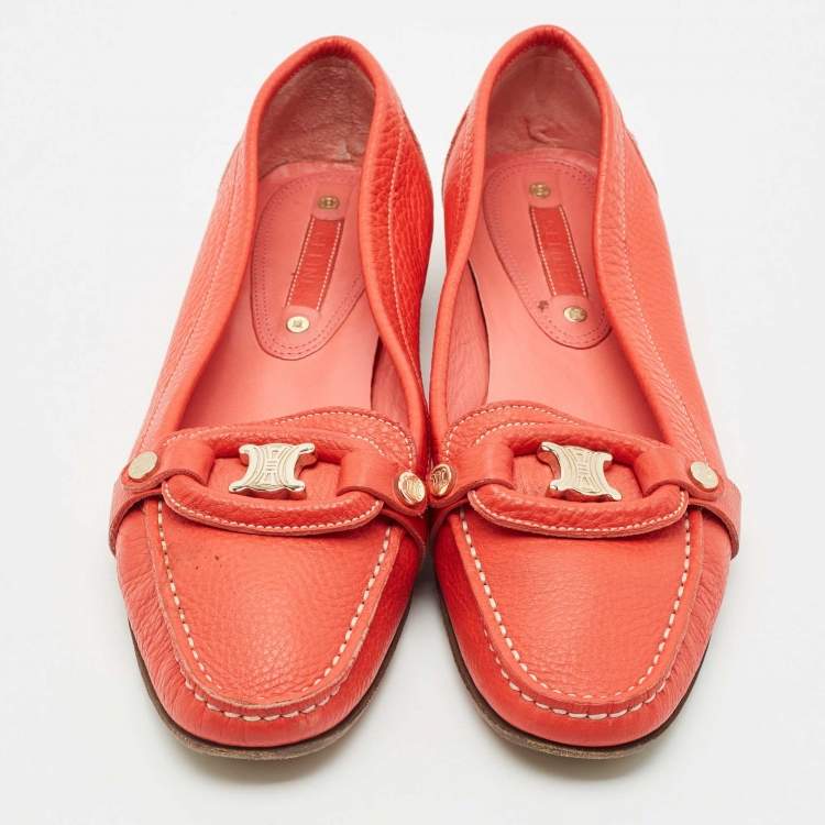 Pre Owned Celine Orange Leather Logo Loafer Ballet Flats Size 39