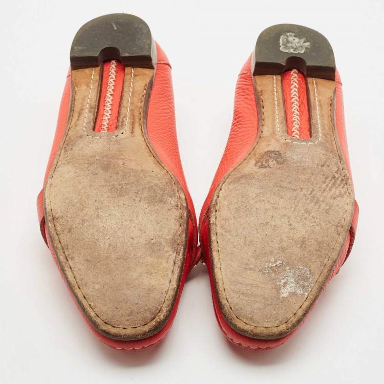 Pre Owned Celine Orange Leather Logo Loafer Ballet Flats Size 39