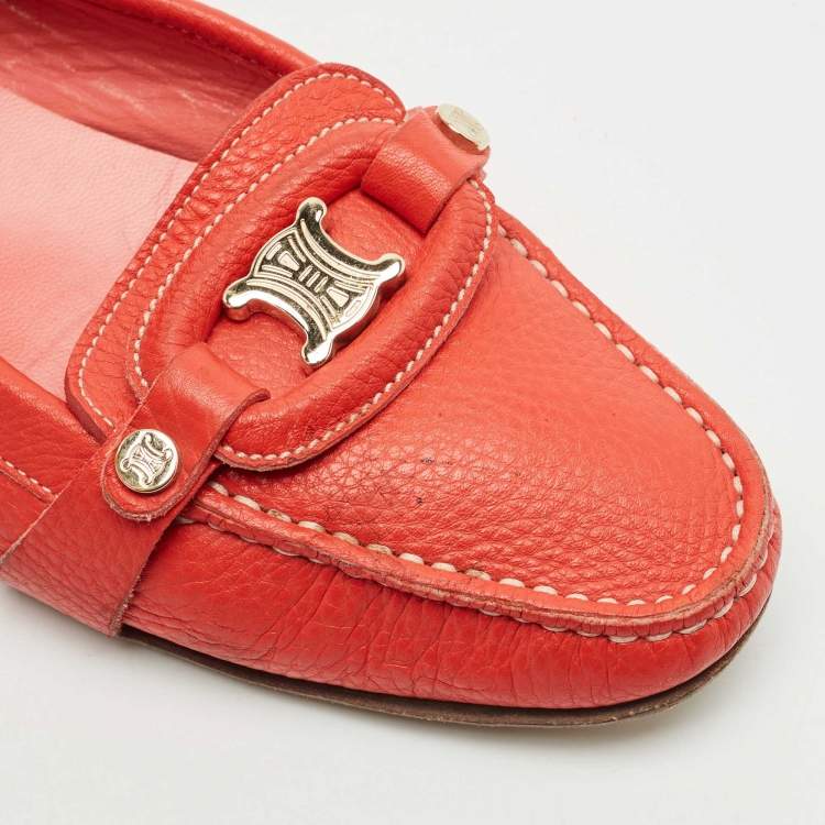 Pre Owned Celine Orange Leather Logo Loafer Ballet Flats Size 39
