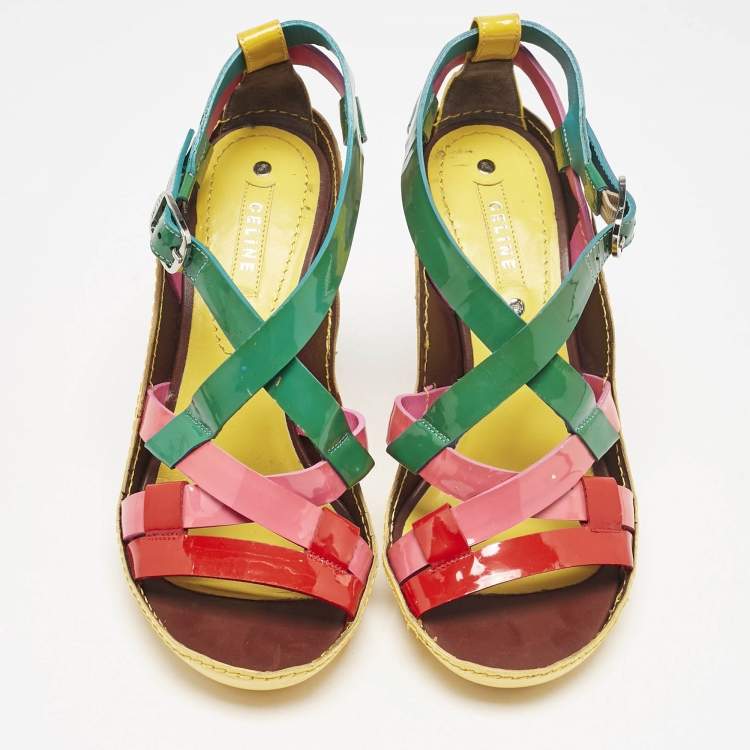 Pre Owned Celine Multicolor Patent And Leather Strappy Slingback Sandals Size 38