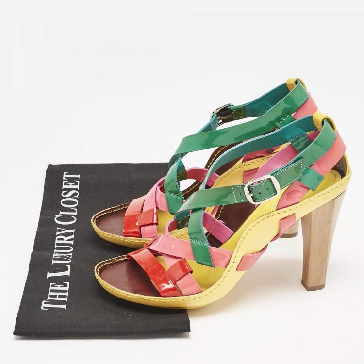 Pre Owned Celine Multicolor Patent And Leather Strappy Slingback Sandals Size 38