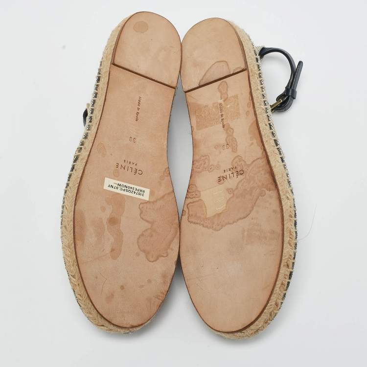 Pre Owned Celine White/Navy Blue Canvas Ankle Strap Espadrille Flats Size 38