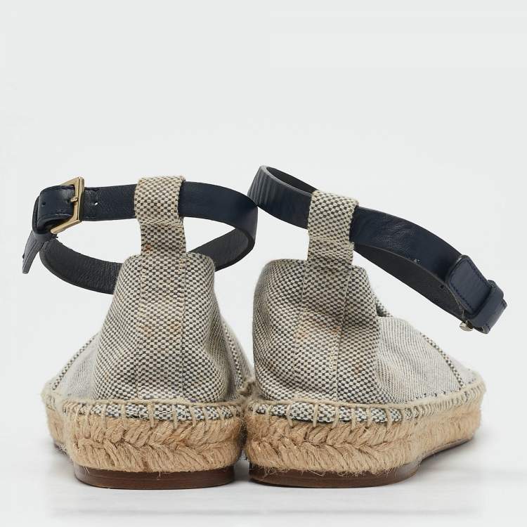 Pre Owned Celine White/Navy Blue Canvas Ankle Strap Espadrille Flats Size 38