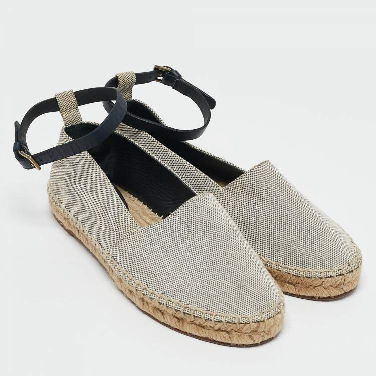 Pre Owned Celine White/Navy Blue Canvas Ankle Strap Espadrille Flats Size 38