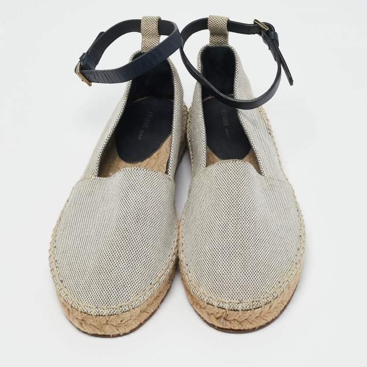 Pre Owned Celine White/Navy Blue Canvas Ankle Strap Espadrille Flats Size 38