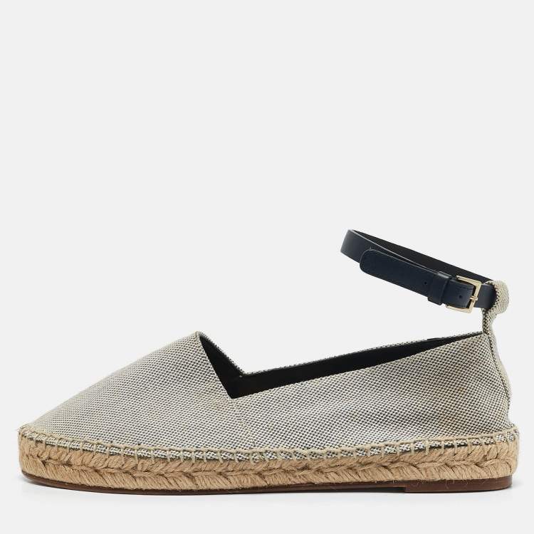 Pre Owned Celine White/Navy Blue Canvas Ankle Strap Espadrille Flats Size 38