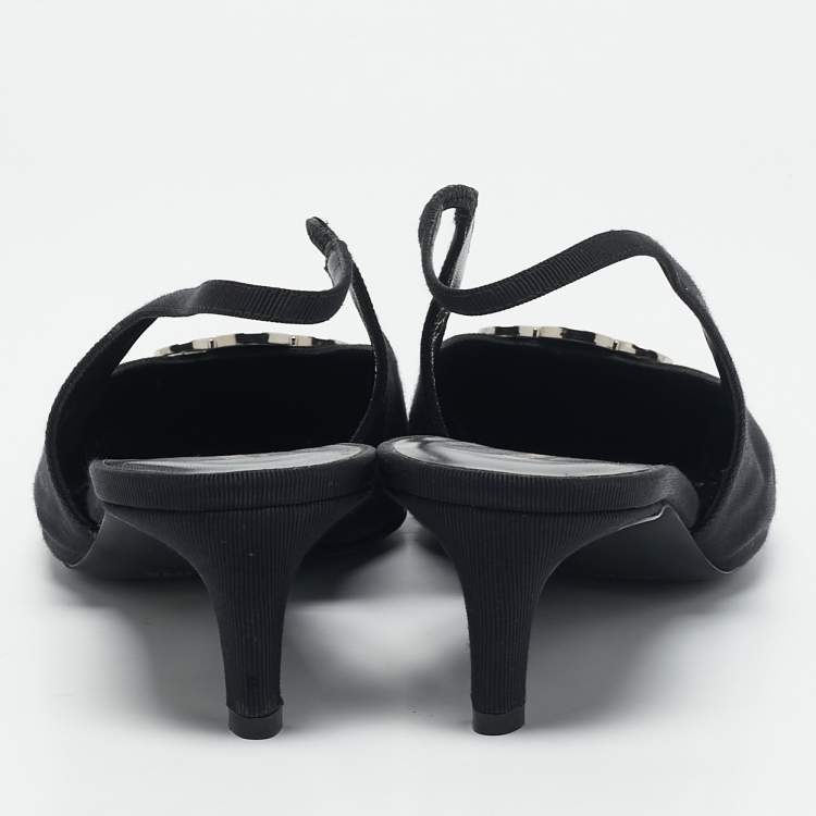 Pre Owned Celine Black Fabric Logo Pointed Toe Alma Triomphe Slingback Pumps Size 40