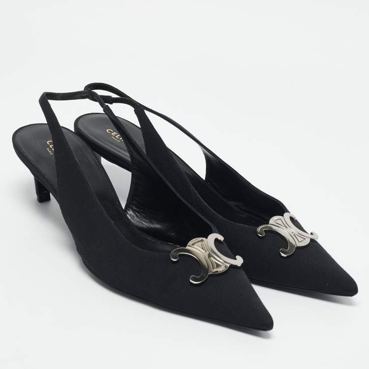 Pre Owned Celine Black Fabric Logo Pointed Toe Alma Triomphe Slingback Pumps Size 40