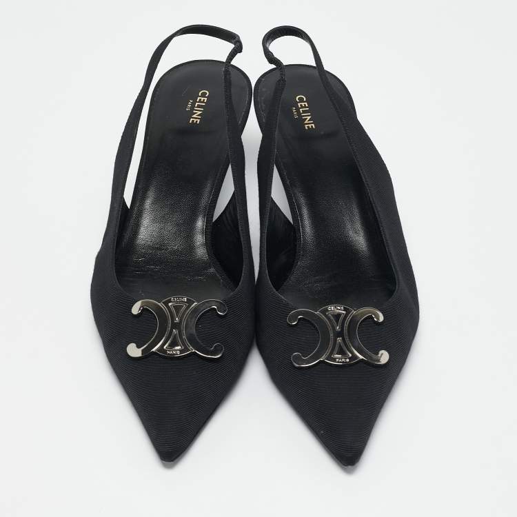 Pre Owned Celine Black Fabric Logo Pointed Toe Alma Triomphe Slingback Pumps Size 40