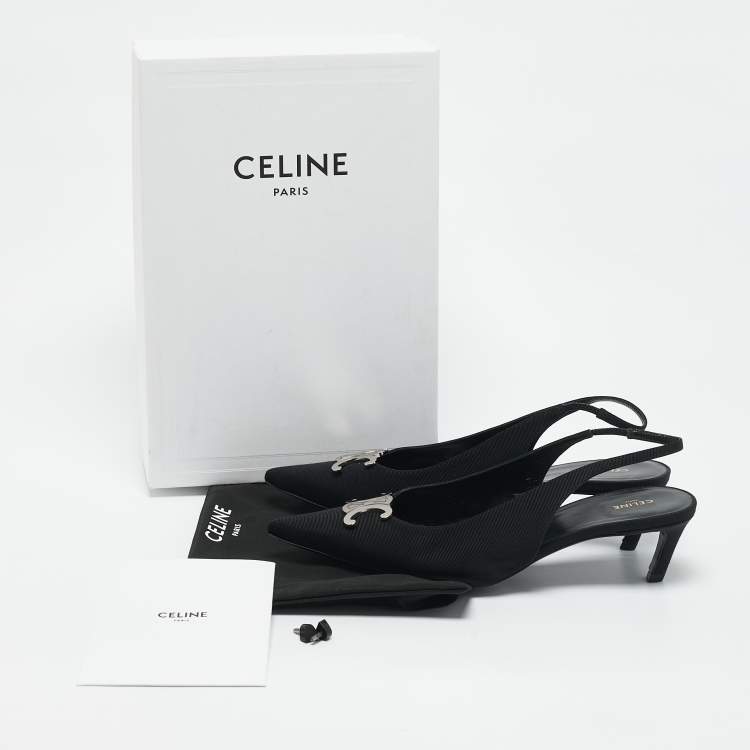 Pre Owned Celine Black Fabric Logo Pointed Toe Alma Triomphe Slingback Pumps Size 40