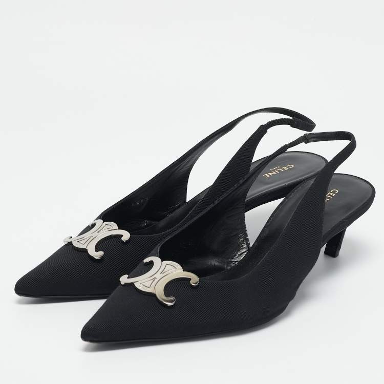 Pre Owned Celine Black Fabric Logo Pointed Toe Alma Triomphe Slingback Pumps Size 40