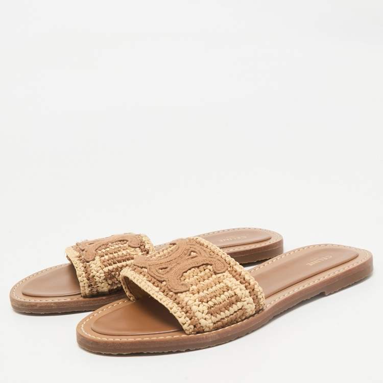 Pre Owned Celine Brown/Beige Woven Fabric and Raffia Lympia Flat Slide Sandals Size 38