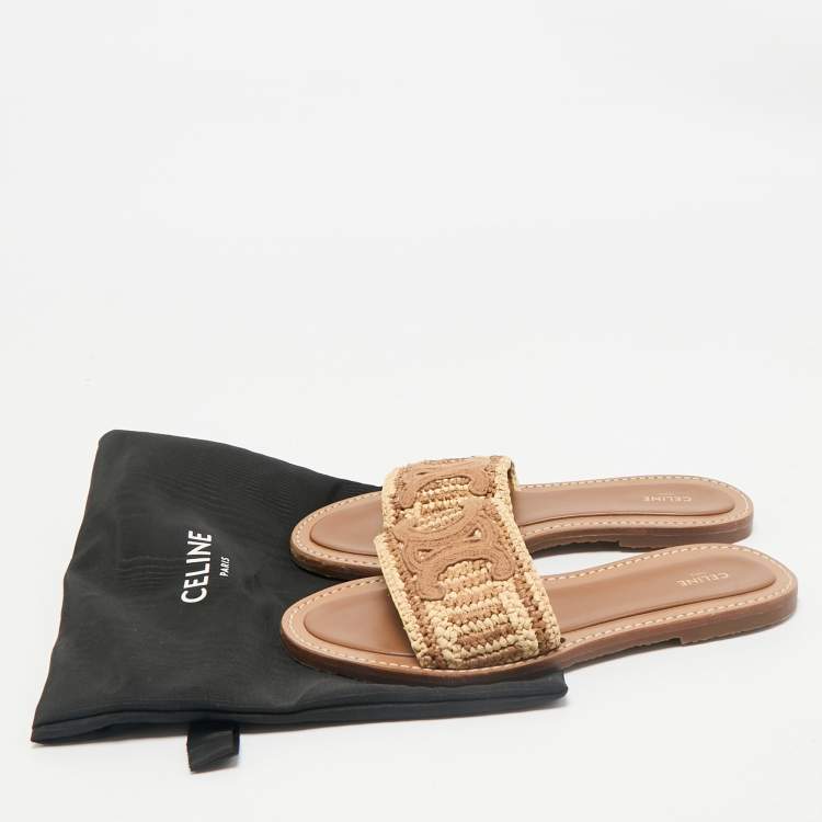 Pre Owned Celine Brown/Beige Woven Fabric and Raffia Lympia Flat Slide Sandals Size 38
