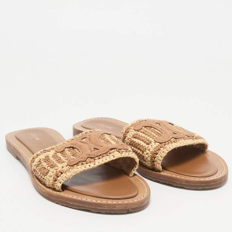 Pre Owned Celine Brown/Beige Woven Fabric and Raffia Lympia Flat Slide Sandals Size 38