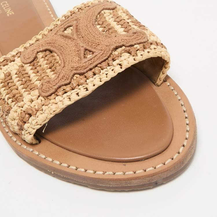 Pre Owned Celine Brown/Beige Woven Fabric and Raffia Lympia Flat Slide Sandals Size 38