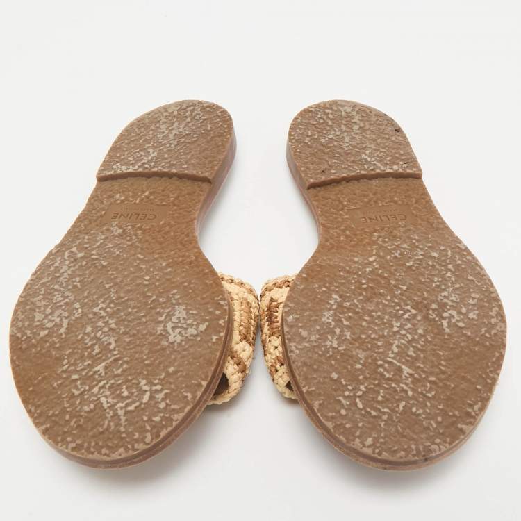 Pre Owned Celine Brown/Beige Woven Fabric and Raffia Lympia Flat Slide Sandals Size 38