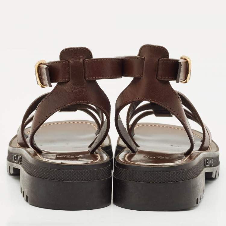 Pre Owned Celine Brown Leather Clea Triomphe Gladiator Flat Sandals Size 36