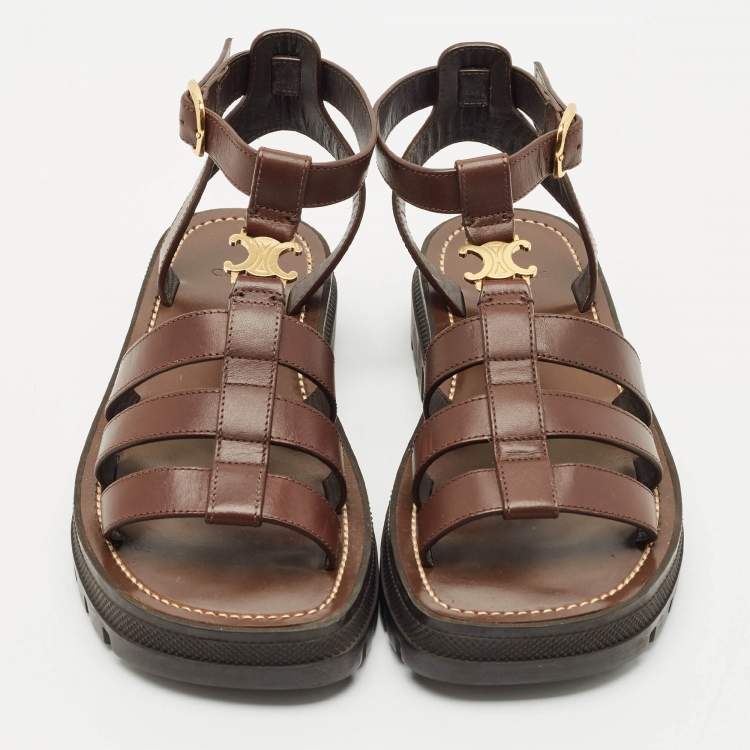 Pre Owned Celine Brown Leather Clea Triomphe Gladiator Flat Sandals Size 36