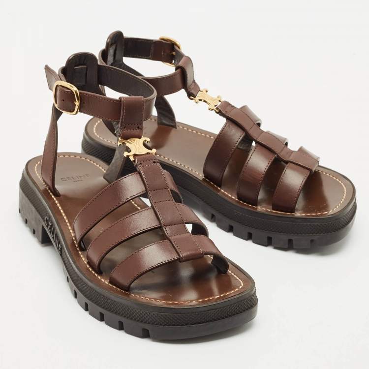 Pre Owned Celine Brown Leather Clea Triomphe Gladiator Flat Sandals Size 36