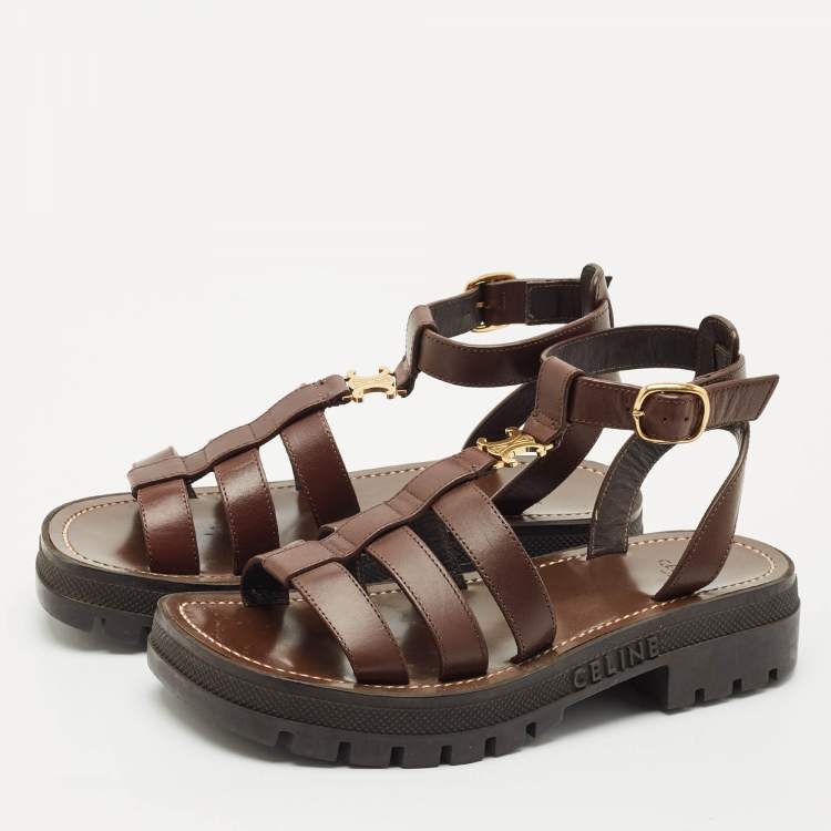 Celine Brown Leather Clea Triomphe Gladiator Flat Sandals Size 36