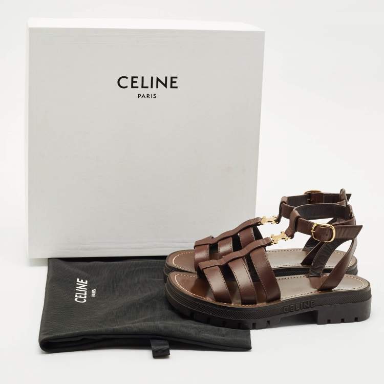 Pre Owned Celine Brown Leather Clea Triomphe Gladiator Flat Sandals Size 36