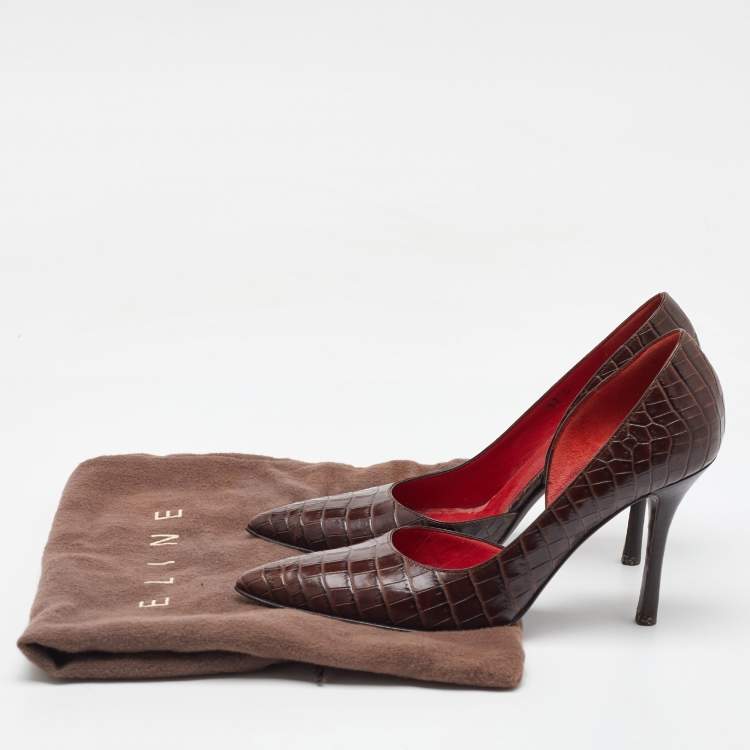 Pre Owned Celine Dark Brown Croc Embossed Leather D'orsay Pointed Toe Pumps Size 37