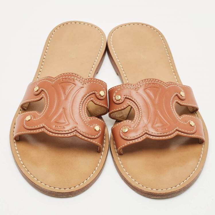 Pre Owned Celine Brown Leather Marina  Flat Slides Size 38.5