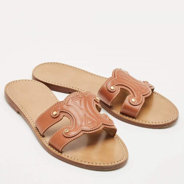 Pre Owned Celine Brown Leather Marina  Flat Slides Size 38.5