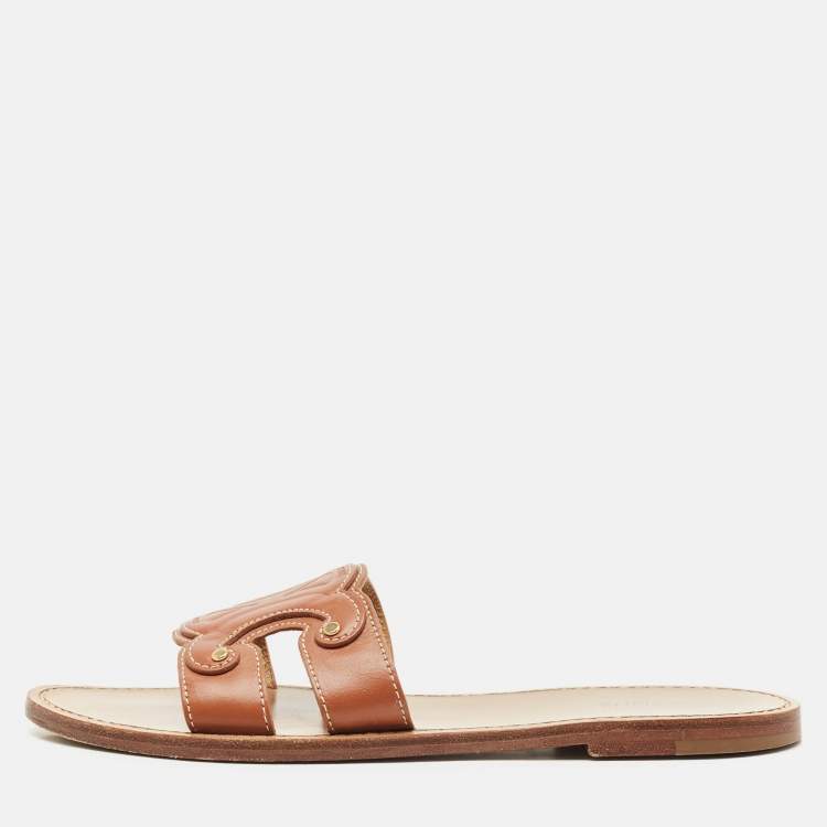 Pre Owned Celine Brown Leather Marina  Flat Slides Size 38.5
