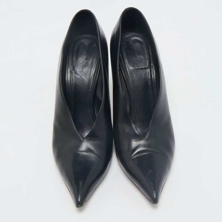Pre Owned Celine Black Leather V Neck Pumps Size 38