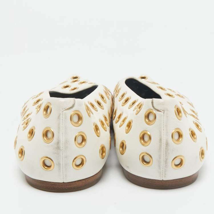 Pre Owned Celine Cream Leather Eyelet Detail Ballet Flats Size 38